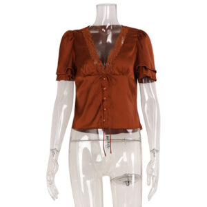 fashion v neck lace stitching lace up slimming short sleeve