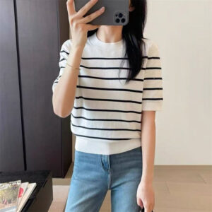 women's striped knitted short sleeve round neck