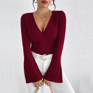 v neck flared sleeve wine red t shirt slim fitting base layer top