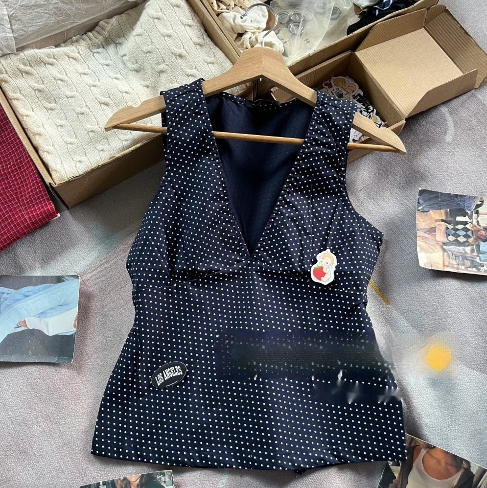 navy blue polka dot v neck tight waist outerwear top navy blue polka dot v neck tight waist outerwear top