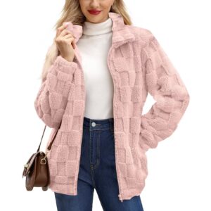 women's zipped stand collar loose jacquard square plaid plush coat