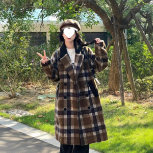 women's korean style plaid coffee woolen overcoat