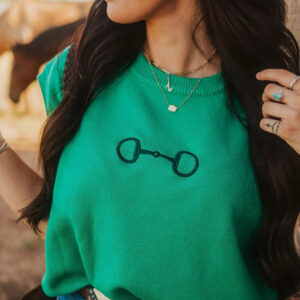bright green horsebit embroidery loose sweater with short sleeves