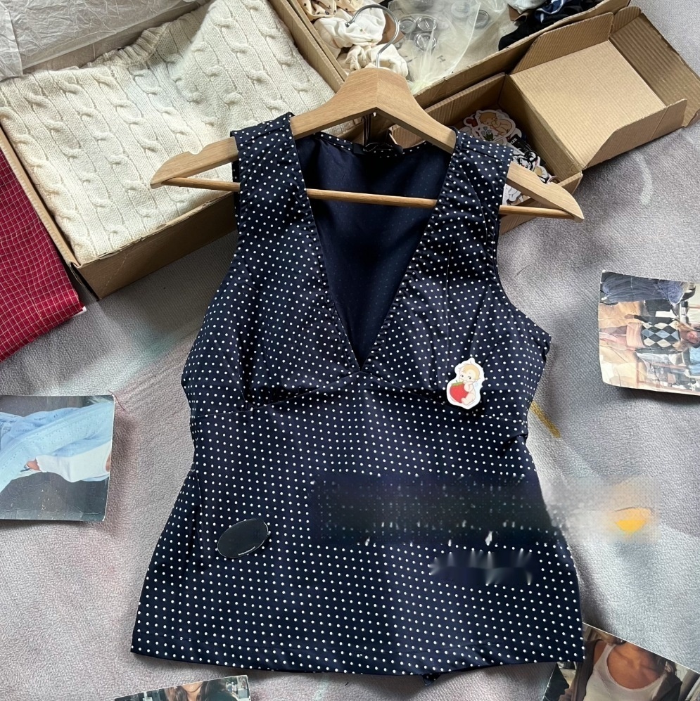 Navy Blue Polka Dot V-neck Tight Waist Outerwear Top E0099ca9 368d 449f Ba04 02f91fcffc68 Trans