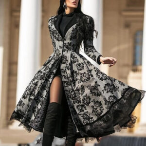 women's large sized retro long coat with lace paneling for autumn and winter