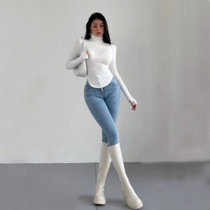 women's pure and sexy style t shirt high neck slim fit figure hugging top for autumn and winter