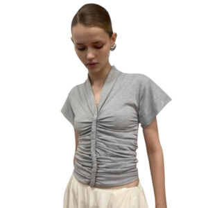 new solid color and v neck sexy symmetrical pleated short sleeve