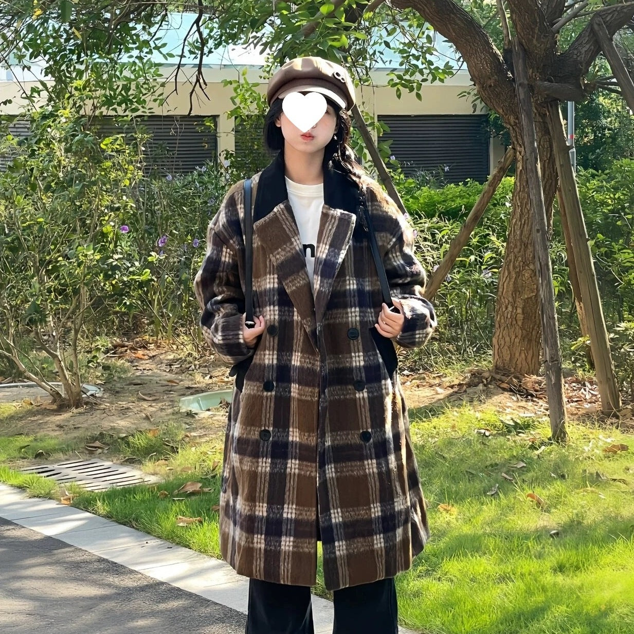 women's korean style plaid coffee woolen overcoat women's korean style plaid coffee woolen overcoat