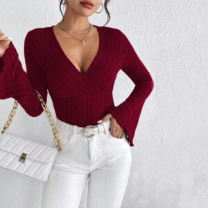 v neck flared sleeve wine red t shirt slim fitting base layer top