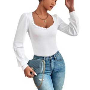 women's v neck puff sleeve slim fit versatile t shirt